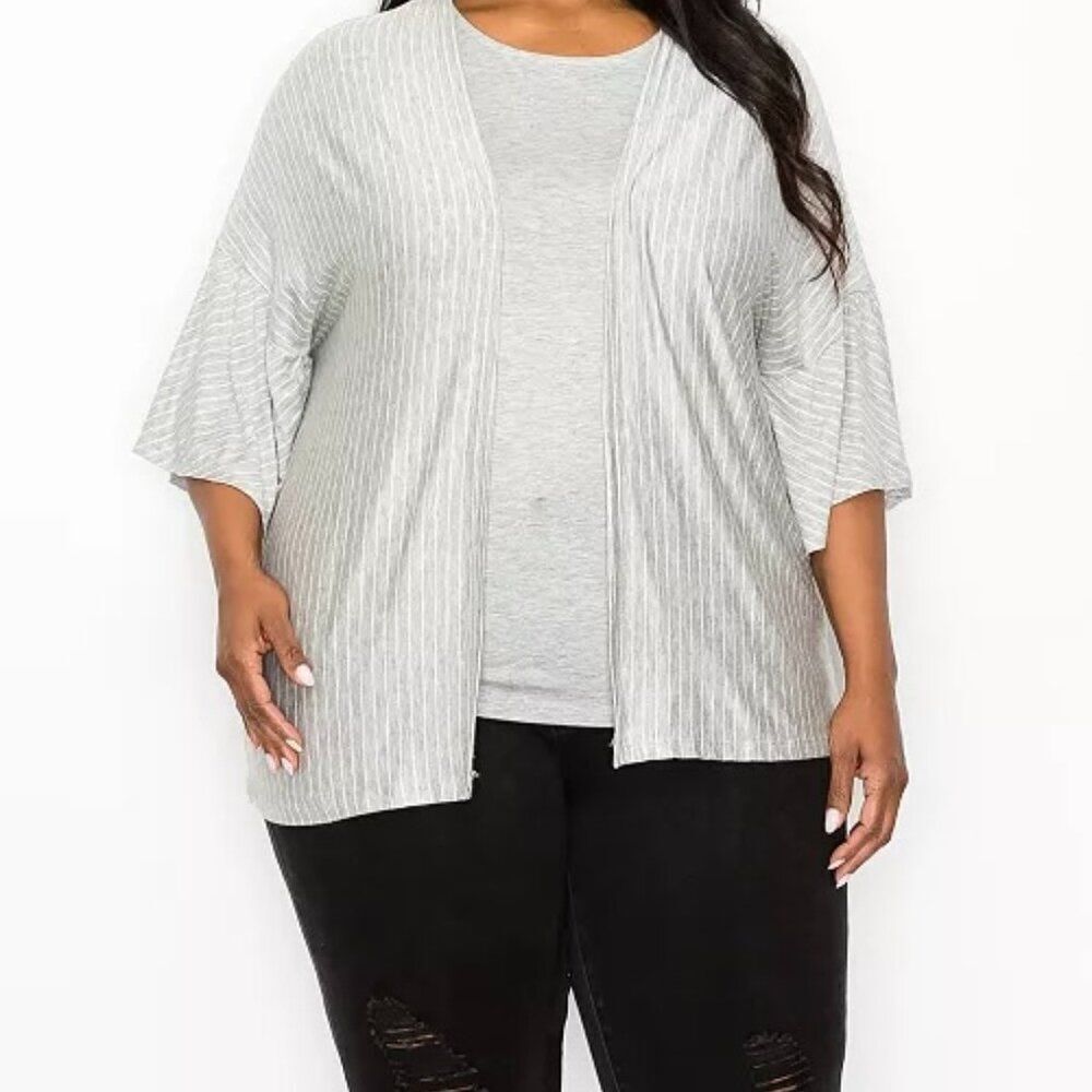 Coin 1804 Gray/White stripe ruffle sleeve Kimono, size 1X